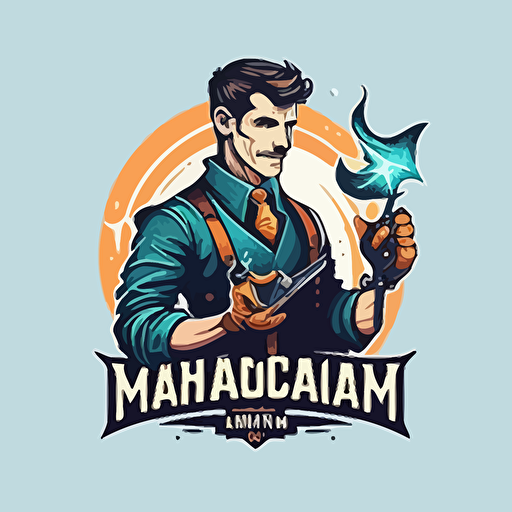 create a vector-style logo of a handyman magician with a magic wrench in his hand
