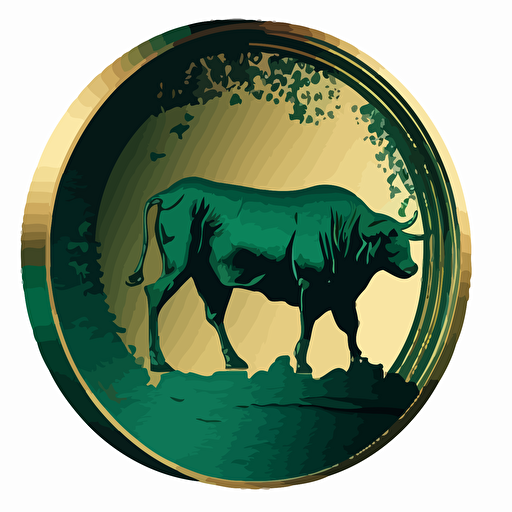 Green 2 circle, coin inspired with golden wall street Bull silhouette inside, vector.