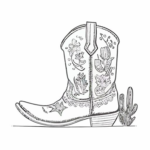 black outline of a cute cowgirl boot in cartoon style drawing on a white background flat vector drawing