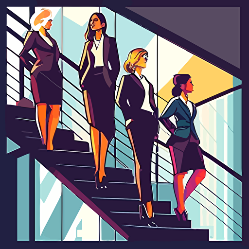 vier frauen in der top etage, als ceo, sie steigen eine treppe einer grafischen primade hoch und sind an der spitze, detaierte vector illustration