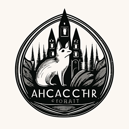 a creative logo for "McCarthy Choral", with a small fox, with a large cathedral, with a forest, black and white, flat vector