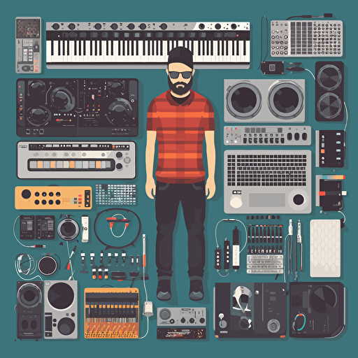 knolling. Dj with all his electronic music production equipment like dj console, synths, drum pad and midi controller. Vector art.