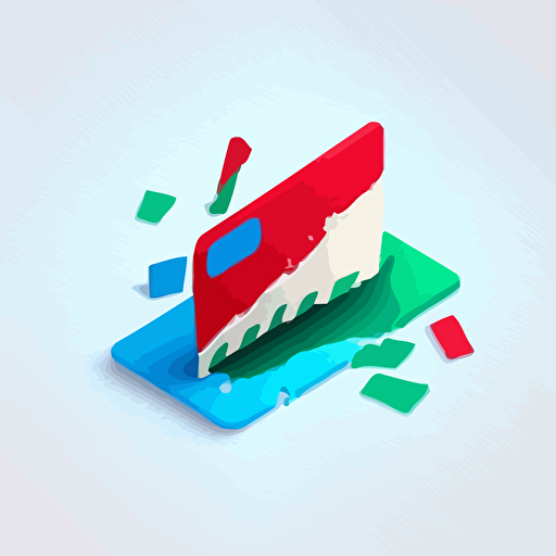 credit card with a bite taken out of it, vector flat, isometric, minimalist, red, green, blue, simple