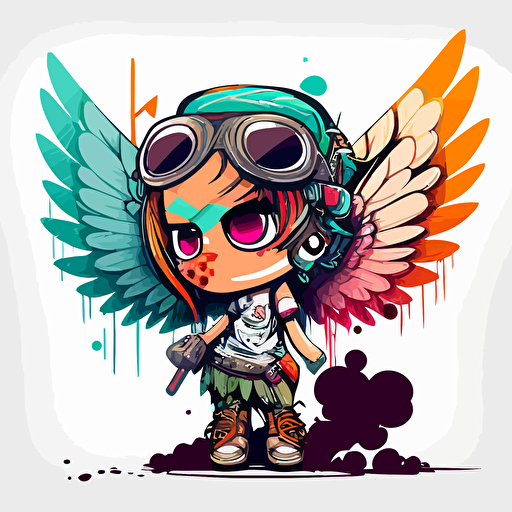 a very cute female angel wearing very big sunglasses dressed up as a warrior, as a cartoon type, as a vector, white background, bright graffiti colors