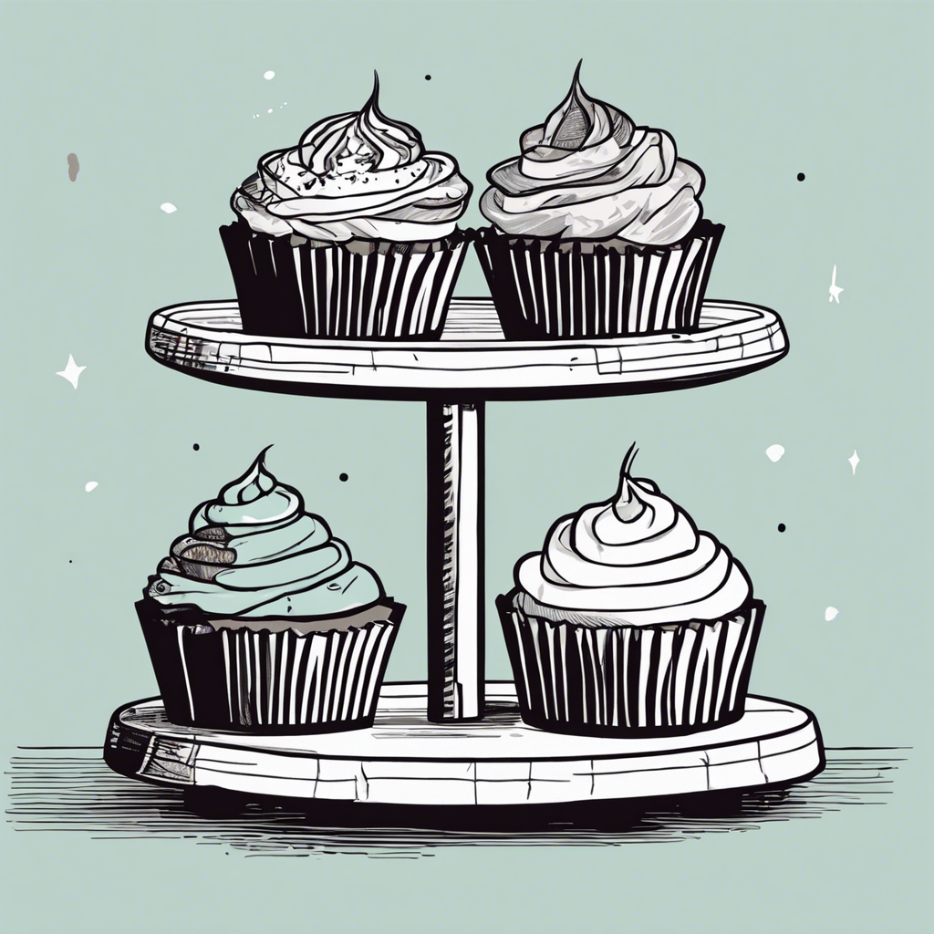 Cupcakes with bright frosting on a cake stand., illustration in the style of Matt Blease, illustration, flat, simple, vector