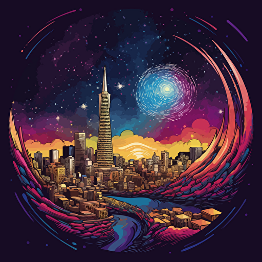 colorful vector art, san francisco in a worm hole and colorful galaxy in the background