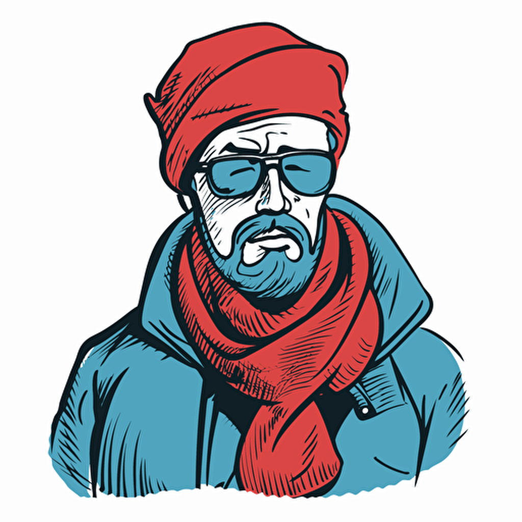 A man in a blue scarf, has a cold, with a red nose. Outline simplified, stylized cartoon illustration with vector fills.