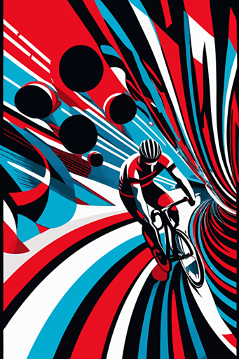 abstract outdoor cycling, blue, red and white colors, pop art deco illustration, hand vector art, black background,