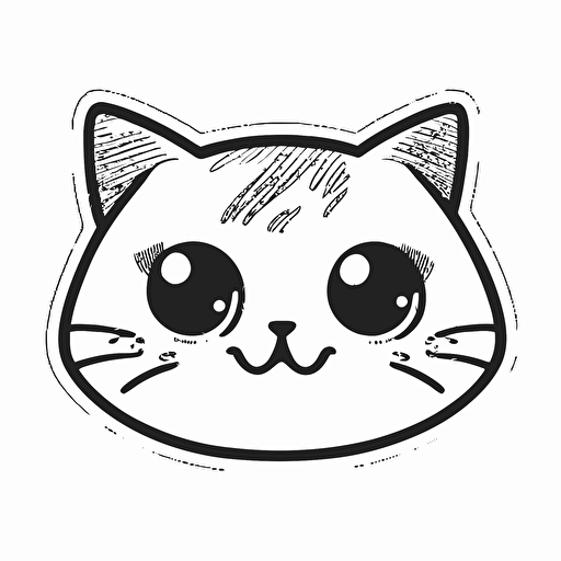sticker, cute happy cat face with big hazel eyes, kawaii, contour, vector, white background