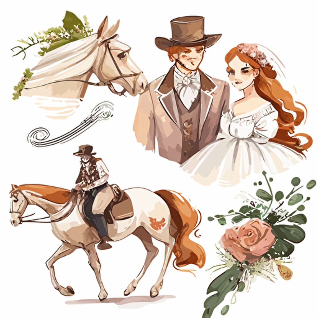 kwaii , storybook ,vector illustrations ,very cute wedding illustrations clipart set,beautiful newlyweds riding a horse, on a white background separate elements with a margin, watercolors , husband and wife on their wedding day riding a horse together , love