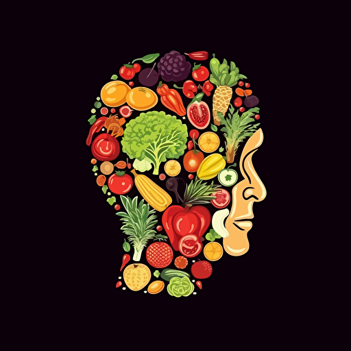Retro iconic logo of a mind full of a variety of healthy meats, veggies, and carbs, white vector, on black backgroung