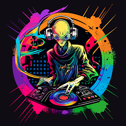 a cool lanky creature from another dimension DJing, colourful, logo design, vector, illustration, super detailed
