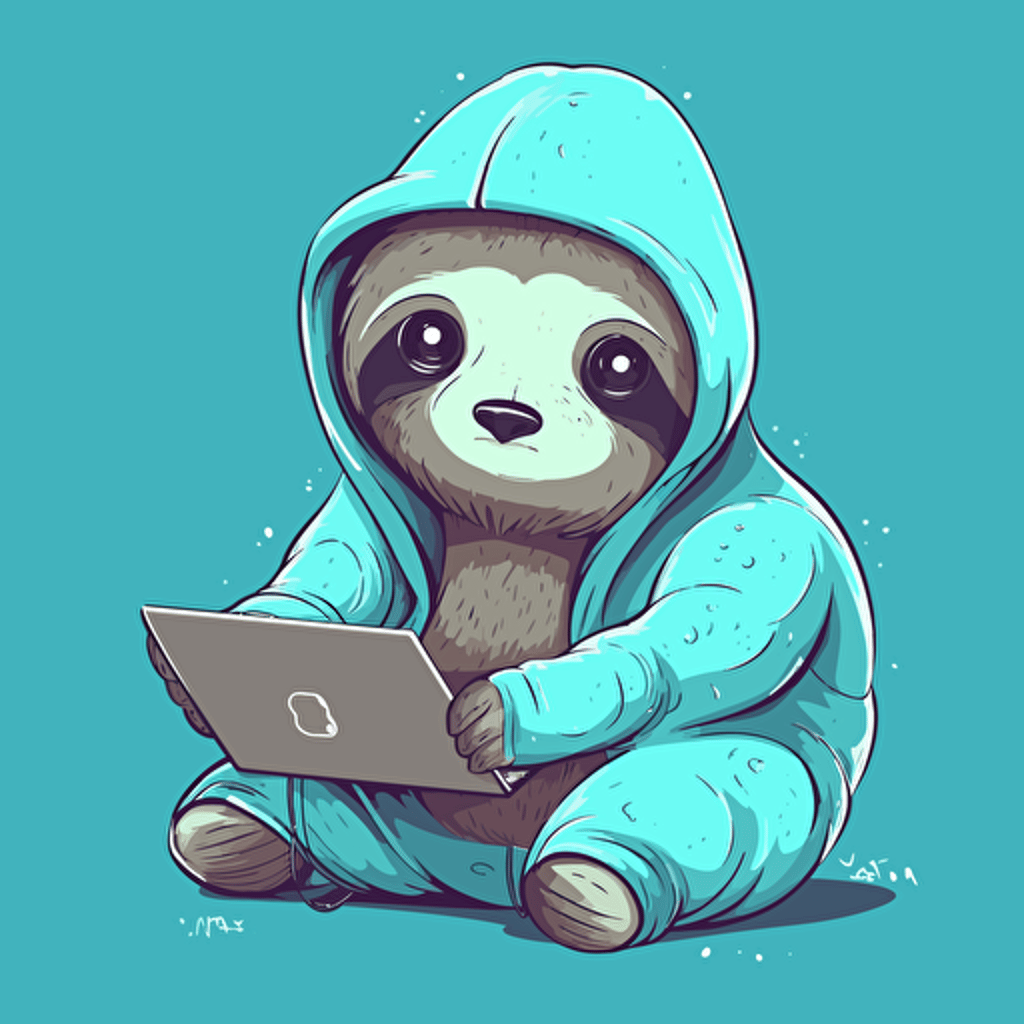 Cute simple vector image, of sloth holding in a hoodie, holding computer, cyan color scheme,