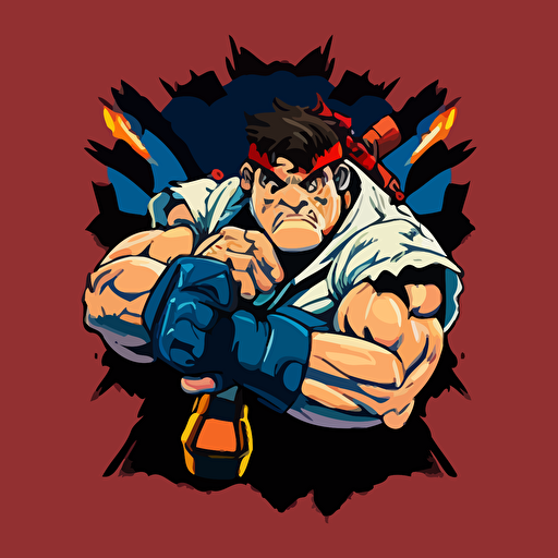 RYU from street fighter Nintendo game holding a jaws of life tool, intense look on face, vector art, cartoon, clean, American traditional style,