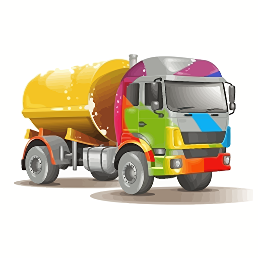 concrete mixer truck with wooden barrel, vivd colors, 2D vector style