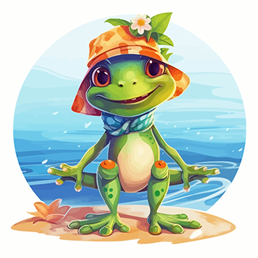 funny cute frog in a swimsuit on the beach, cartoon, vector style