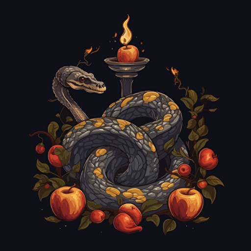 stylistic angry cobra. Dead leaves and rotting apples. Burning candle. High detail. Vector image. Drawing. Black background.