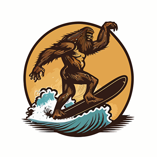 bigfoot surfing, vector logo, vector art, emblem, simple cartoon, 2d, no text, white background