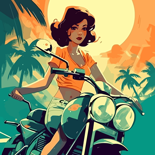 Disney cartoon style, pin up girl with a motorcycle, contrast colors, shadows, good vibes, happy, tropical, vector