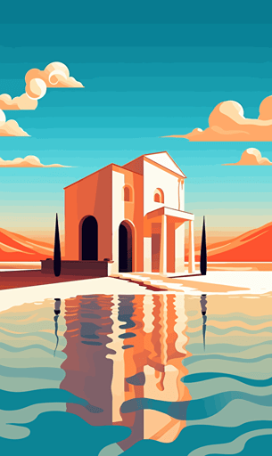 greek building on the beach, sky, blue and orange, simple vector style
