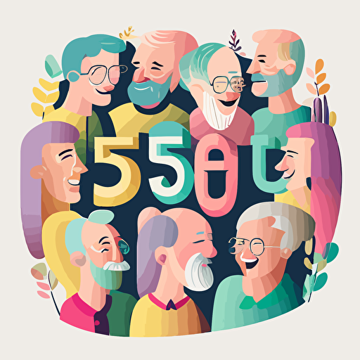 group of 50 years old people building a community project, talking, smiling, pastel colours, vector illustration style