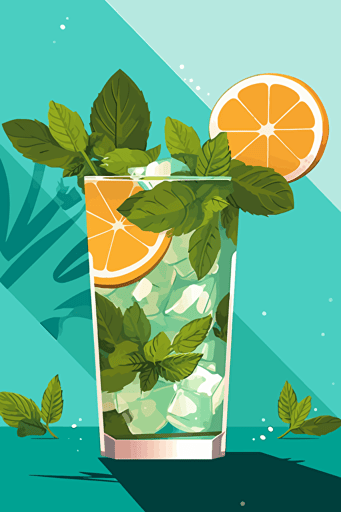 Mojito vector art, 1980s poster, pretty colours, geometric minimalism