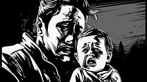 Young father looking desperate holding crying baby, Vector art, funny, black and white ,