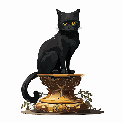 cartoon, black, female cat sitting on a pedestal, white background, vector