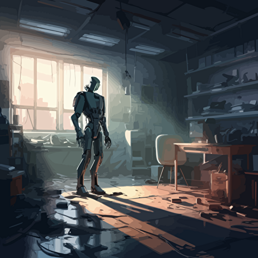 a futuristic robot in a workshop that is broken. vector art, moody lighting