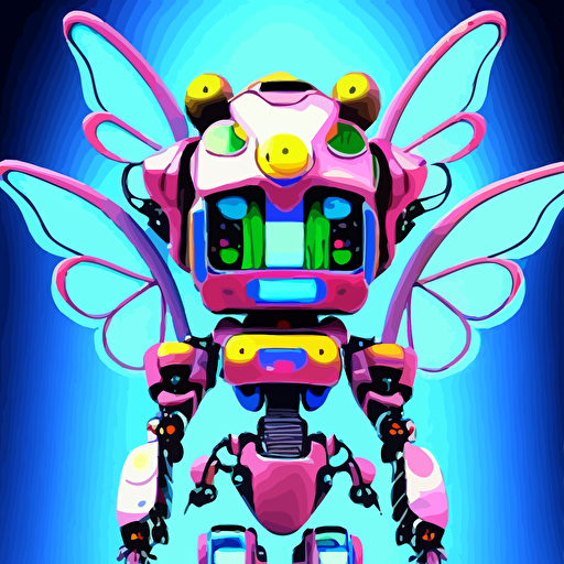 3d render chibi mech robot ichiro tanida wearing angel wings psychedelic swirly background 3d butterflies 3d flowers n style 1990 s cg graphics 3d rendered y2 k aesthetic ichiro tanida 3do magazine