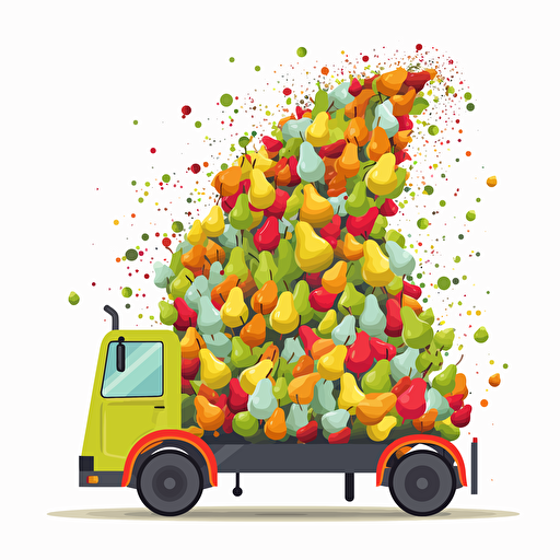concrete mixer truck full of pears only, pears falling from inside, colorfull, vivid colors, white background, vector style