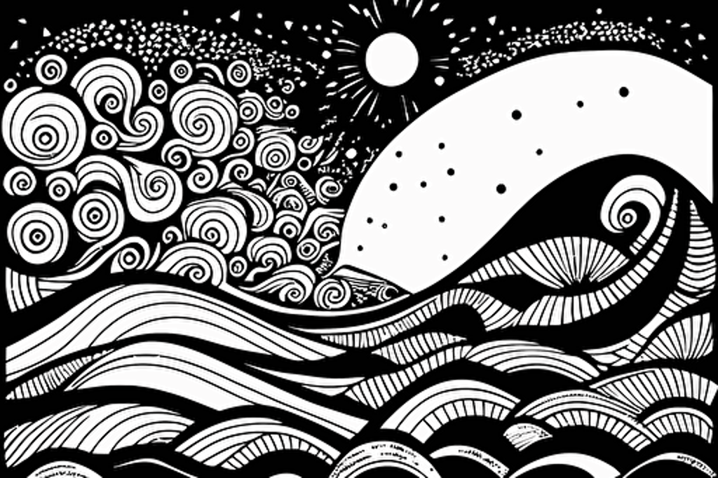 Svg vector drawing, doodle style, detailed sharp artwork, waves, by Karla Gerard, black thick outline on white
