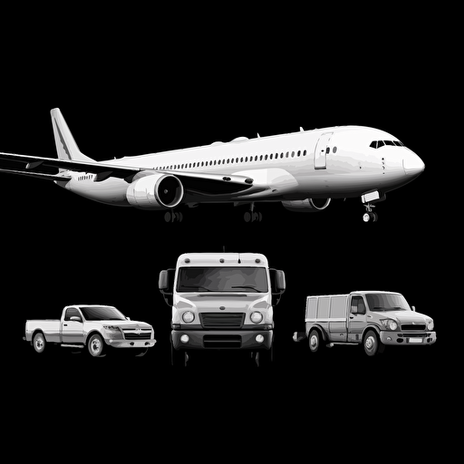 vector image, 1 vessel, 1 airplane and 01 truck side by side all white with black background.