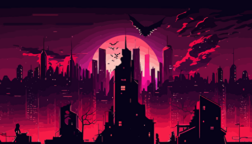 city skyline, close up view, on top of city rooftops, animated video background , 2d comic style art, wide roof tops in the foreground close to each other in distance, vector, red and purple hue night sky,