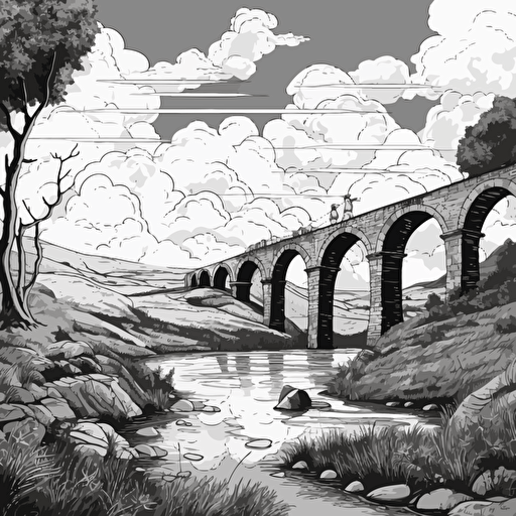 a roman bridge in 2D vector art, black and white