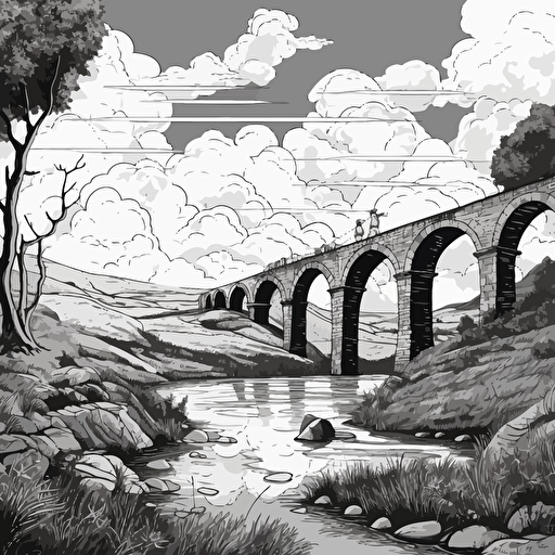 a roman bridge in 2D vector art, black and white