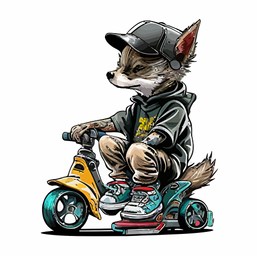 a wolf cub in streetwear is riding a, vector, illustration, full color, hd, cartoon, contour, white background