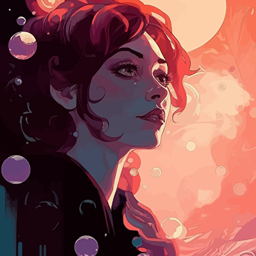 desinge, vector, floating bubbles, fireflys, in the style of becky cloonan, john watkiss