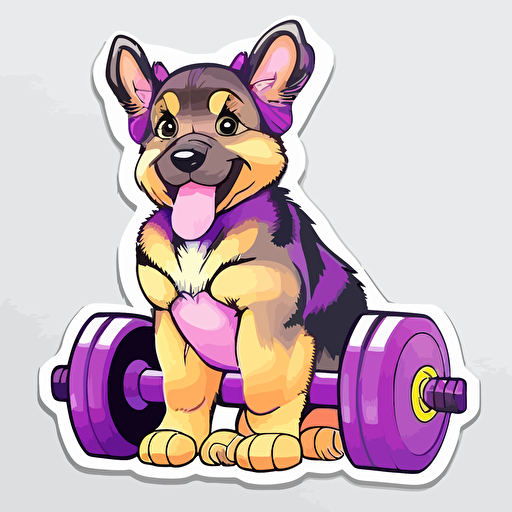 vector happy German Shepard puppy sitting next to a dumbell sticker+ white background + vibrant pink and purple+ cartoon