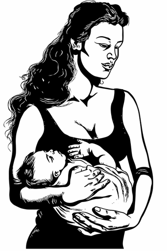 a stunning caucasian mother nursing her baby in her arms closely against her large pectorals, black and white vector with strong contrast on a solid white background