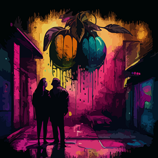 Sway with me, couple, love, one juicy exotic fruit, urban night scenery, distorted, dimmed lights, depth of field, rough, textured, grainy surface, dusty, vector, desaturated colour drips, graffiti, artificial, highres