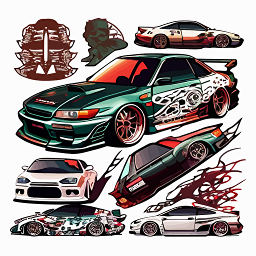 jdm car with lots of designs on it, sticker, vector, white background