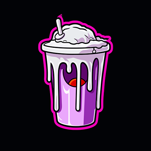 a vector design of a white styrofoam cup tipped over dripping purple syrup, cartoon style, sticker, black background