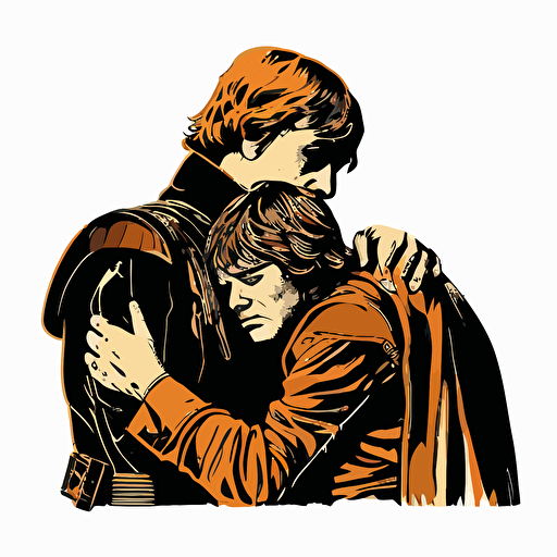Darth vader and luke skywalker hugging, Clipart, Enthusiastic, Primary Color, comic style, Contour, Vector, White Background, Detailed