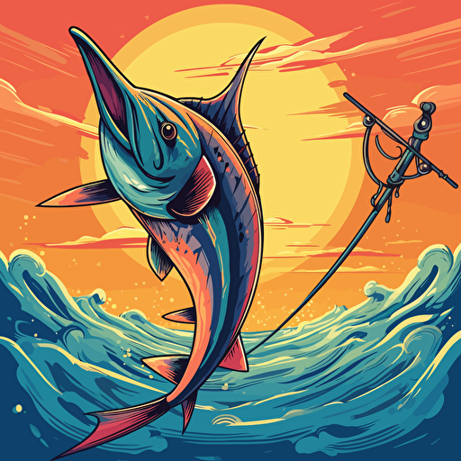 Vector Illustration of a big sword fish leaping out of the ocean on a fishing hook in vibrant colors with skyline background