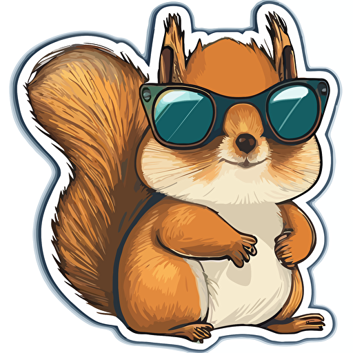 sticker, a Cute baby squirrel with sunglasses, kawaii, contour, vector, white background