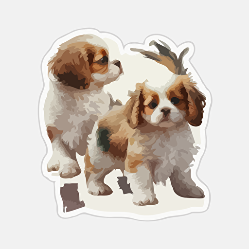 watercolor cavalier puppies playing vector art sticker