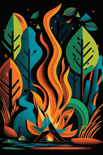 abstract campfire, simple shapes, orange, blue and green colors, pop art deco illustration, hand vector art, black background,