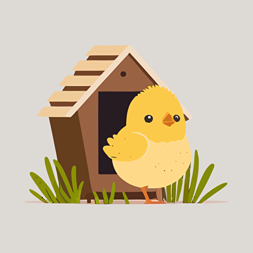 chicken coop, baby yellow chick, white background, flat color vector art