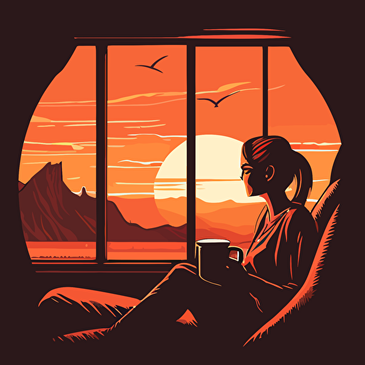 women sits on a couch looking outside with cup of coffee during sunset, vector